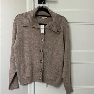 NWT Loft size M Taupe Button-Front Rib Collar Women's Sweater